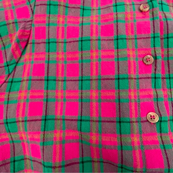 Entro Vibrant Puff Sleeve Hot Pink & Green Oversized Plaid Cotton Top - Picture 15 of 15